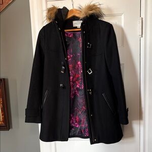 Cole Haan Women's Black Jacket with Faux Fur Hood and Pink Lining